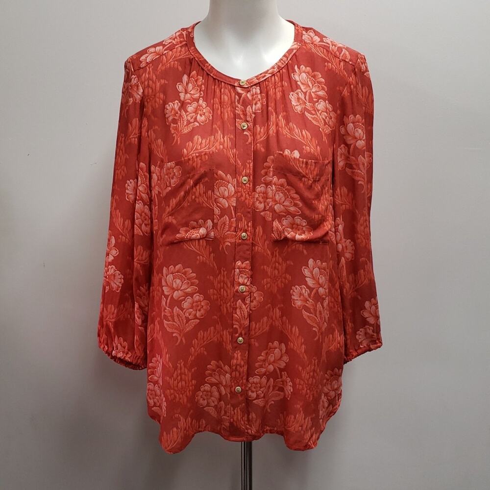 Anthropologie Akemi & Kin Buttoned Front Tunic Top Women's Size Large Red Floral
